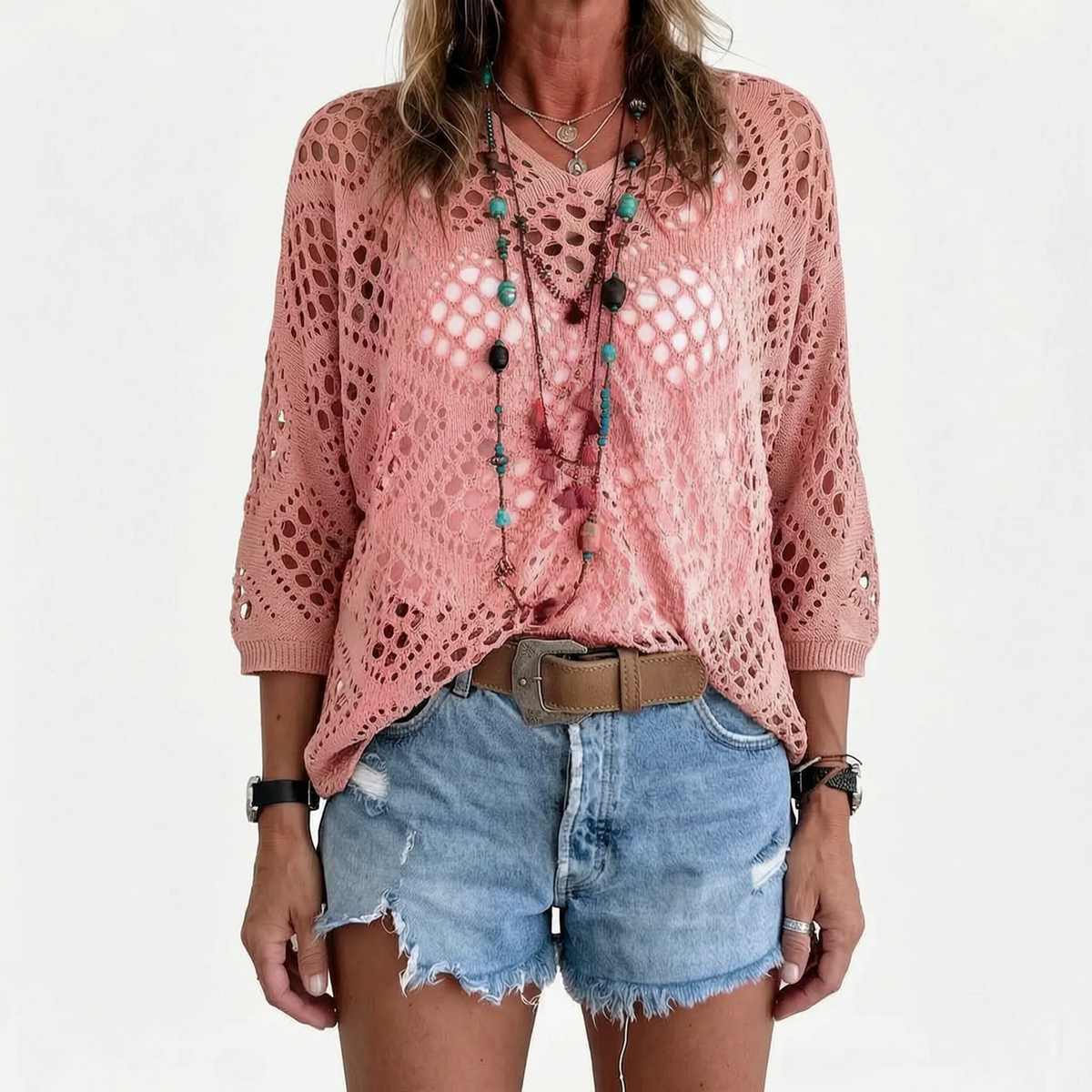 Breezlyn - Open-Knit Geometric Summer Top
