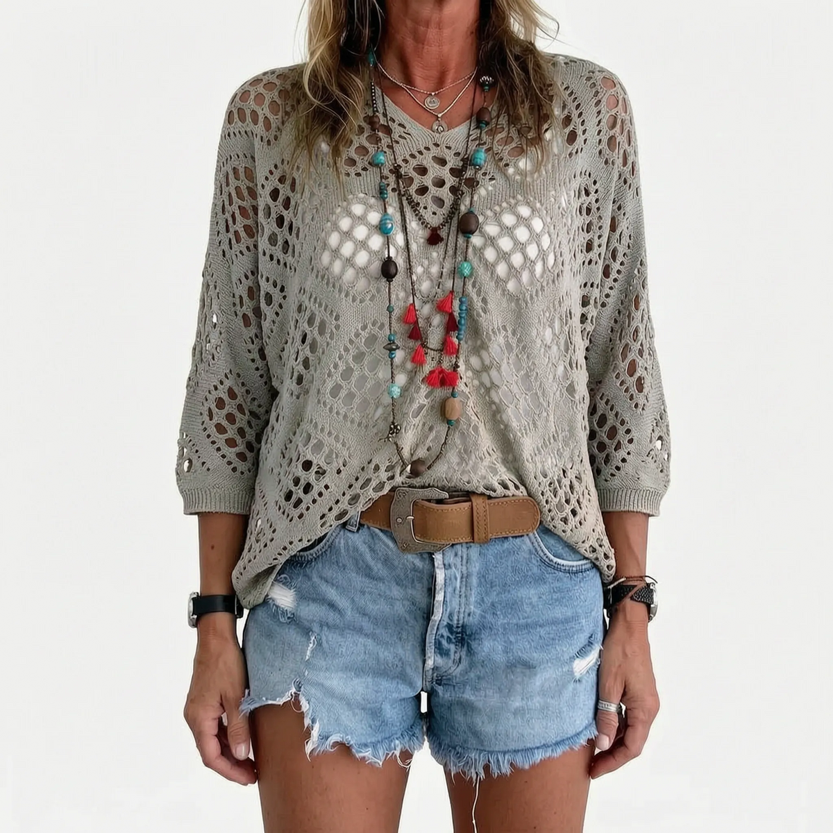 Breezlyn - Open-Knit Geometric Summer Top