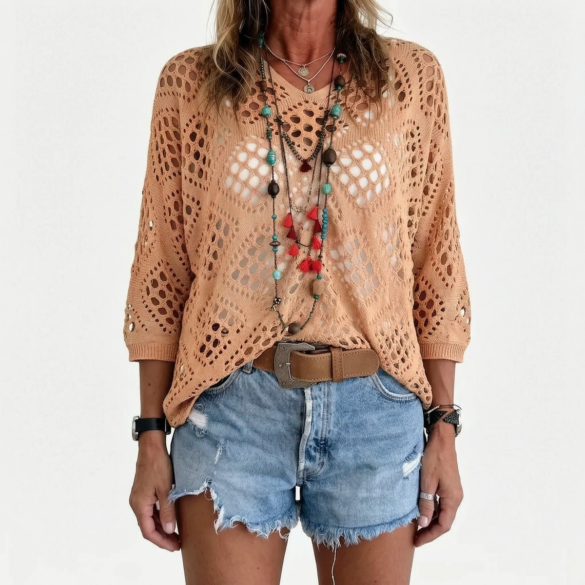 Breezlyn - Open-Knit Geometric Summer Top