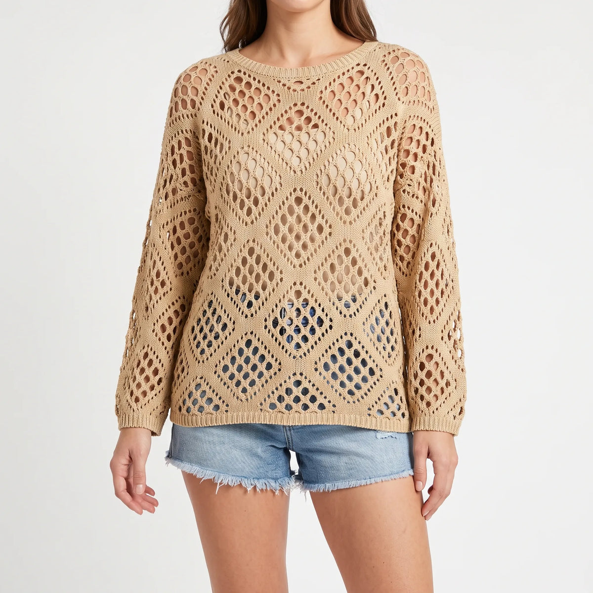 Breezlyn - Open-Knit Geometric Summer Top