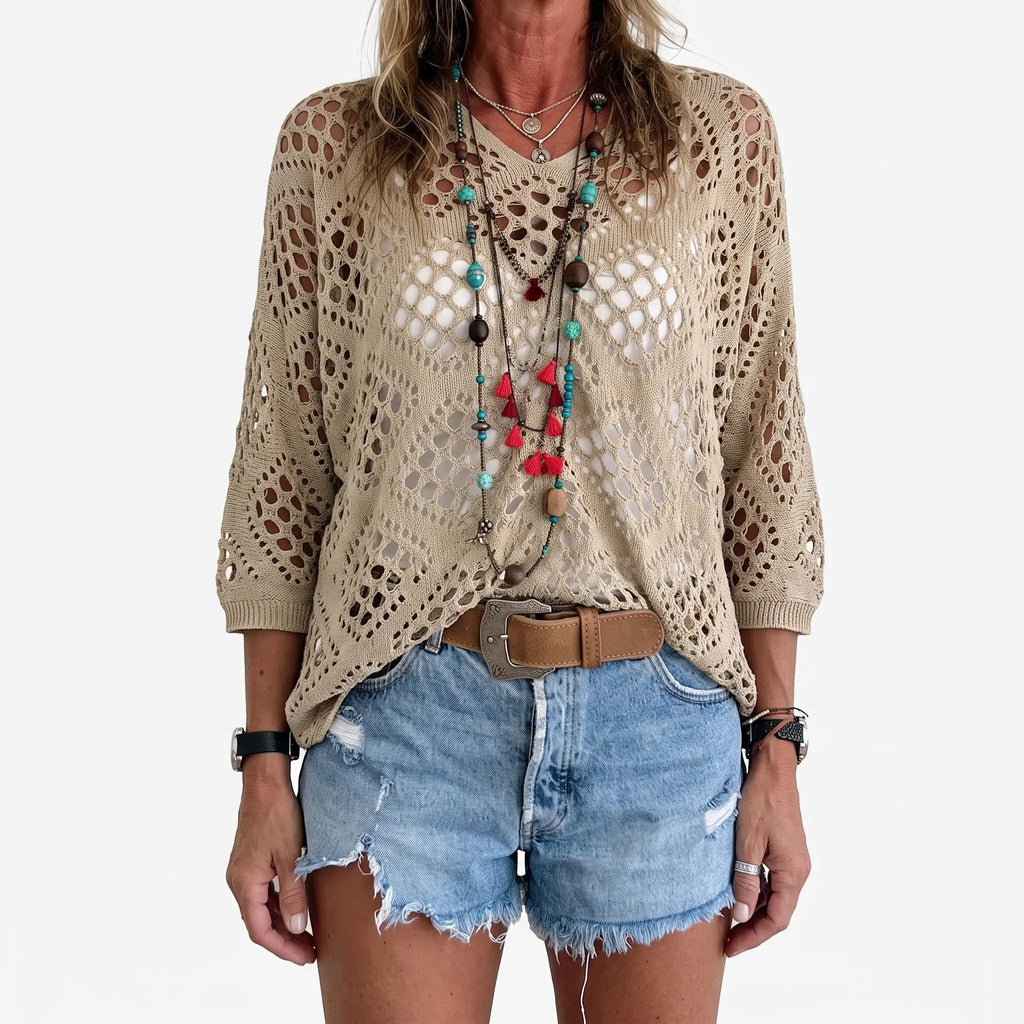 Breezlyn - Open-Knit Geometric Summer Top