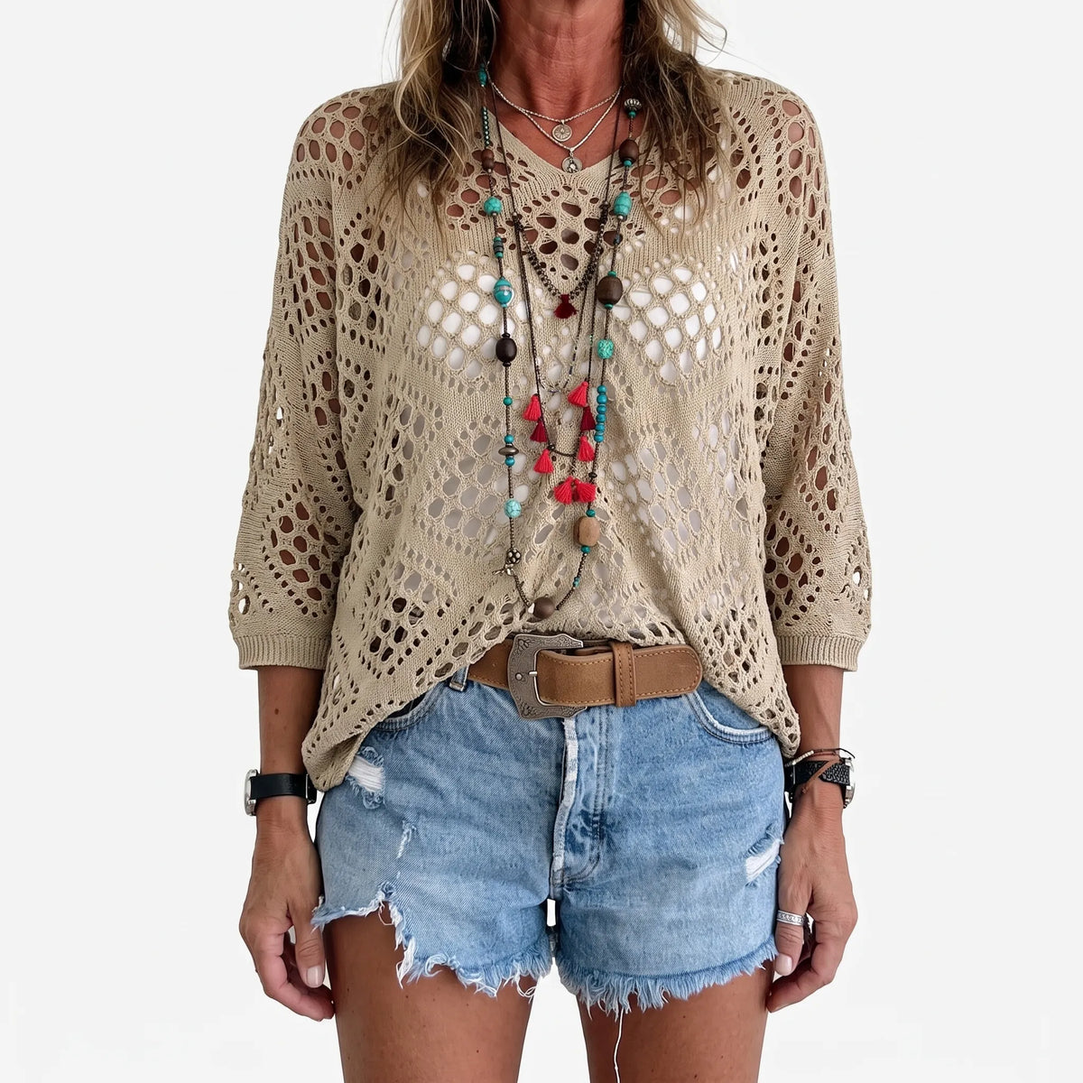 Breezlyn - Open-Knit Geometric Summer Top