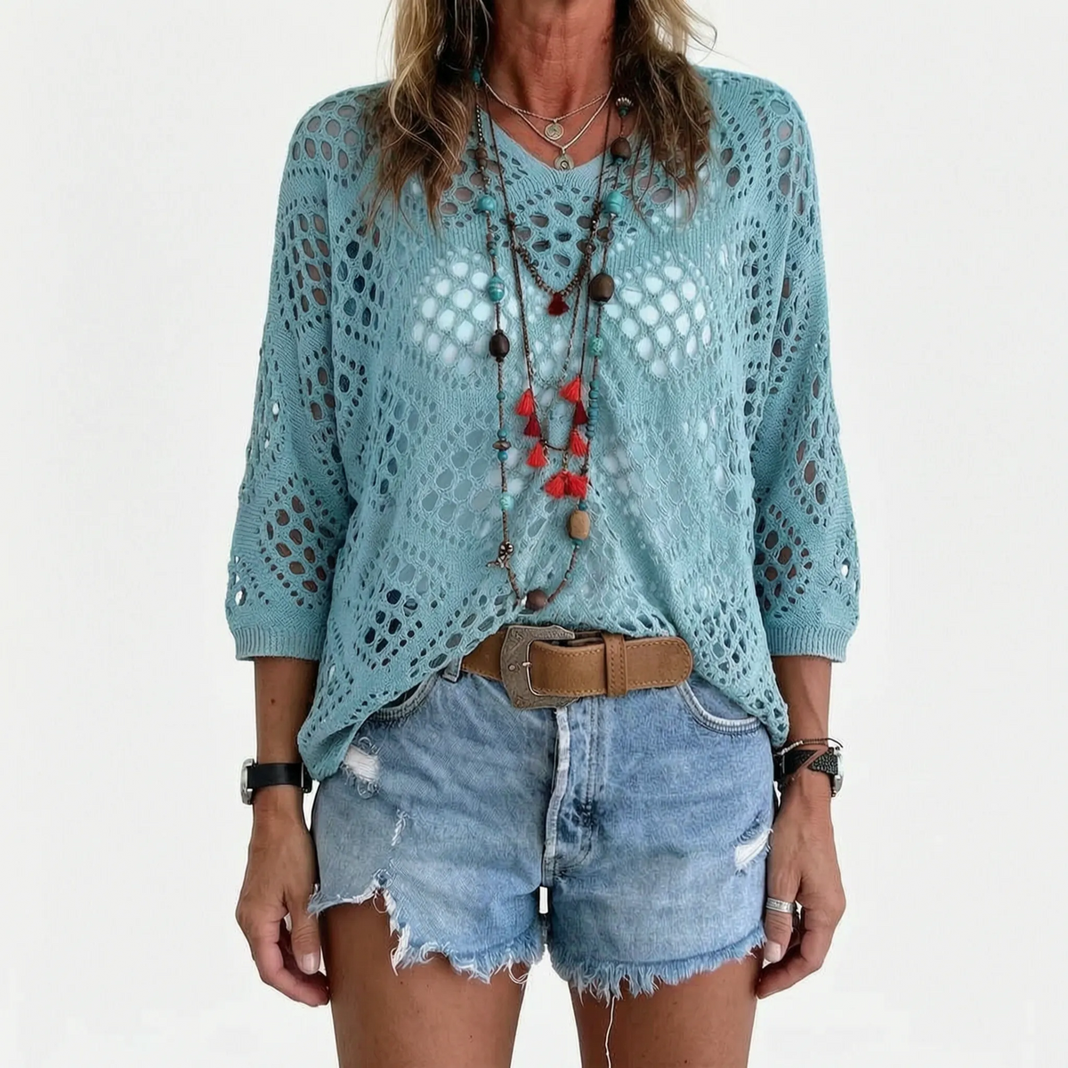 Breezlyn - Open-Knit Geometric Summer Top