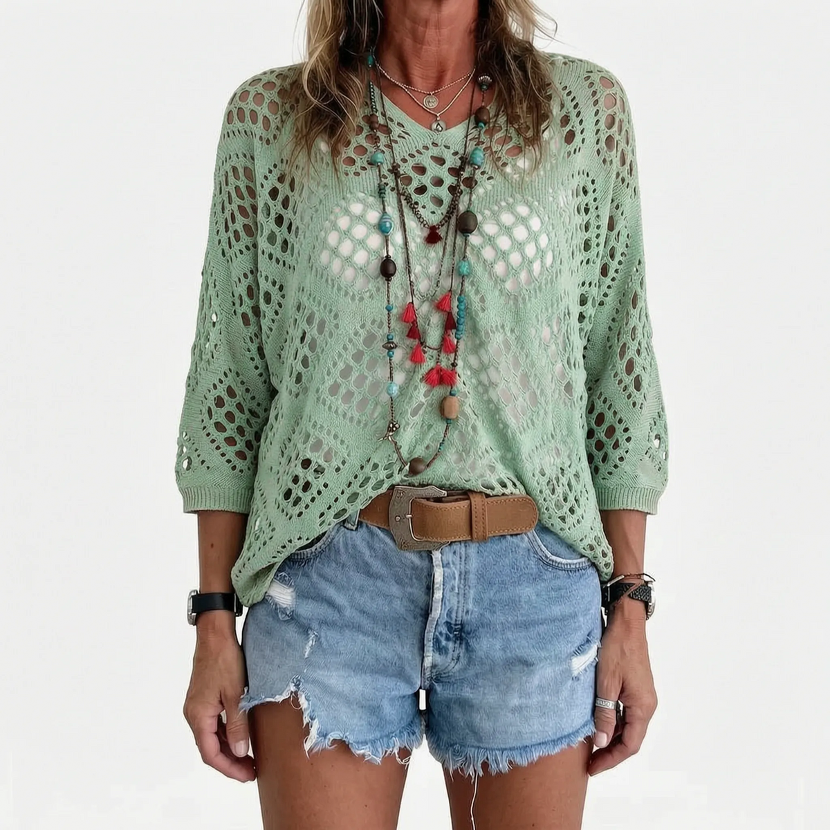 Breezlyn - Open-Knit Geometric Summer Top