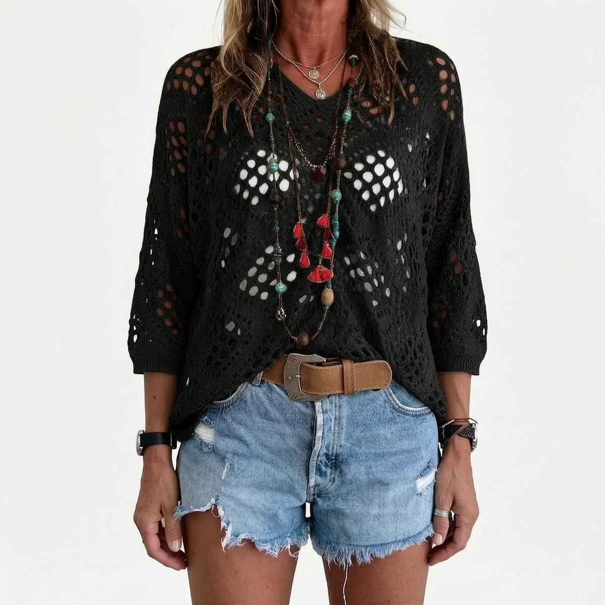 Breezlyn - Open-Knit Geometric Summer Top