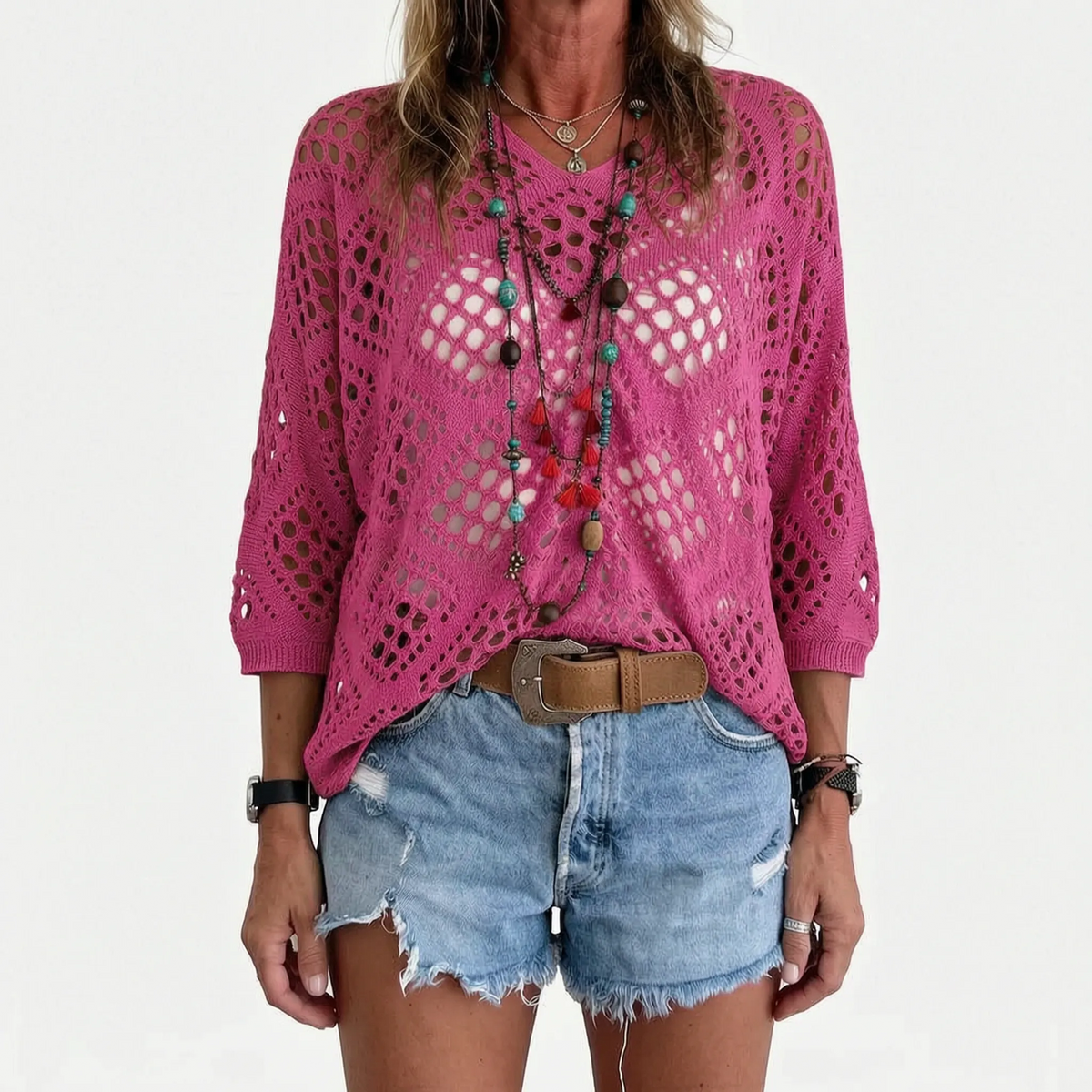 Breezlyn - Open-Knit Geometric Summer Top