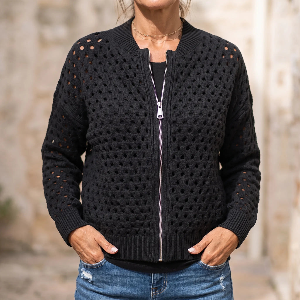 Knitara - Open-Knit Zip-Up Casual Cardigan