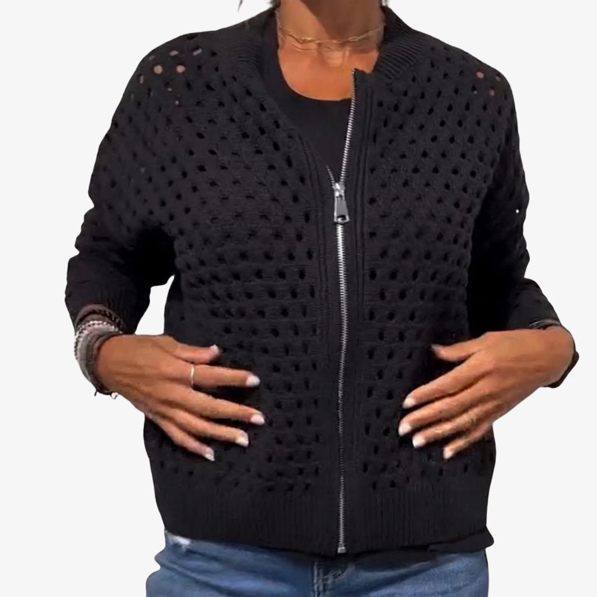 Knitara - Open-Knit Zip-Up Casual Cardigan