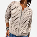 Knitara - Open-Knit Zip-Up Casual Cardigan