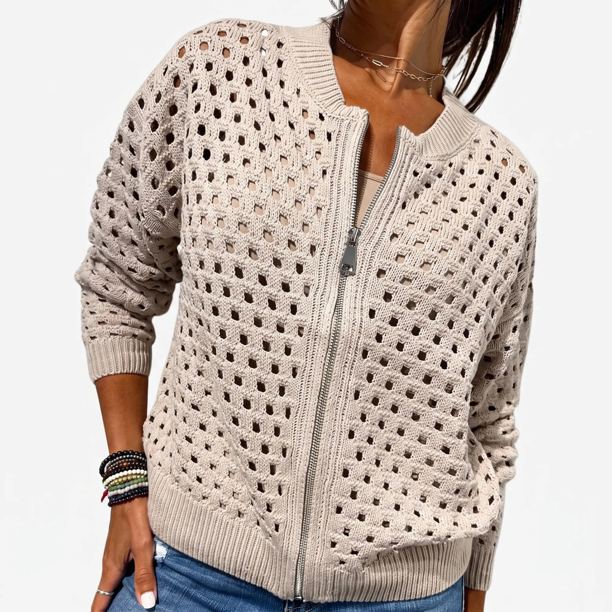 Knitara - Open-Knit Zip-Up Casual Cardigan