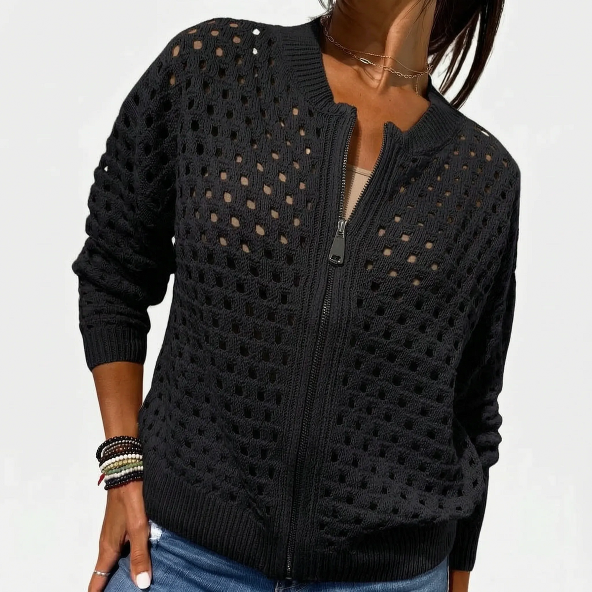 Knitara - Open-Knit Zip-Up Casual Cardigan