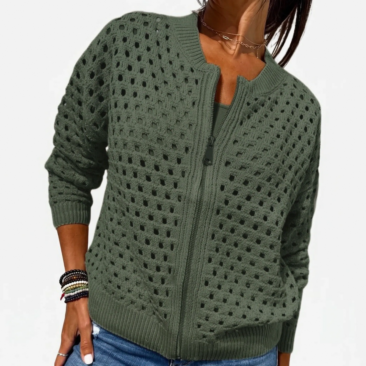 Knitara - Open-Knit Zip-Up Casual Cardigan