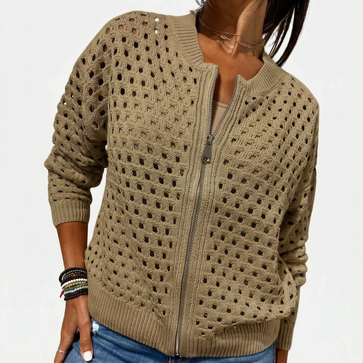 Knitara - Open-Knit Zip-Up Casual Cardigan