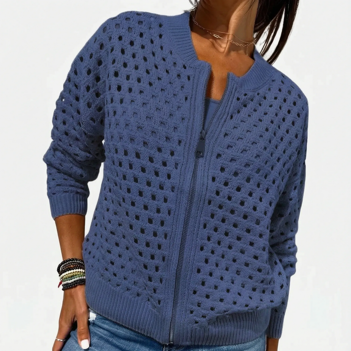 Knitara - Open-Knit Zip-Up Casual Cardigan