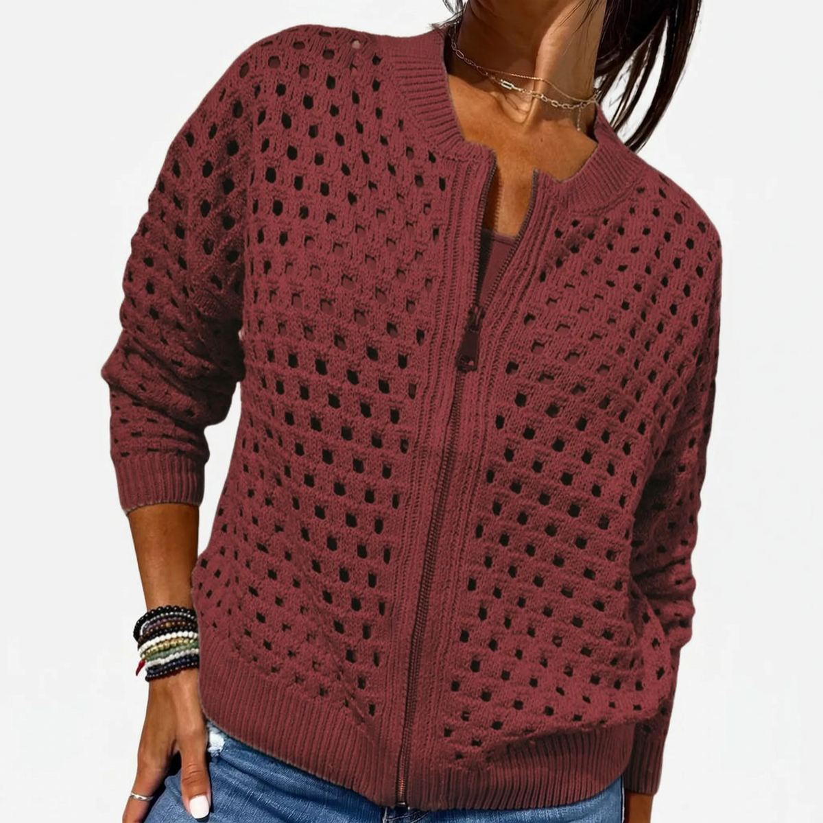 Knitara - Open-Knit Zip-Up Casual Cardigan