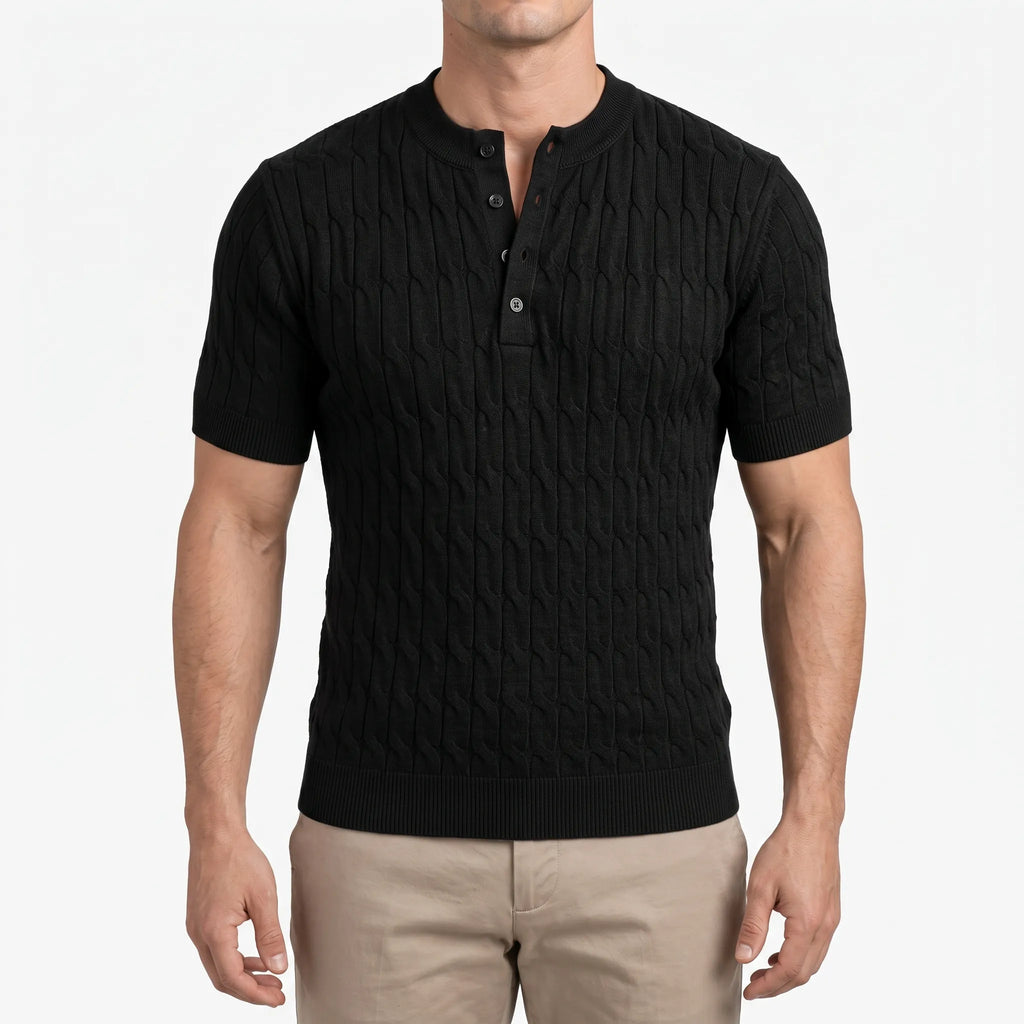 Knitare - Short-Sleeved Textured Henley Shirt