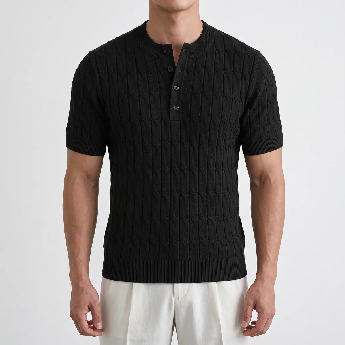 Knitare - Short-Sleeved Textured Henley Shirt