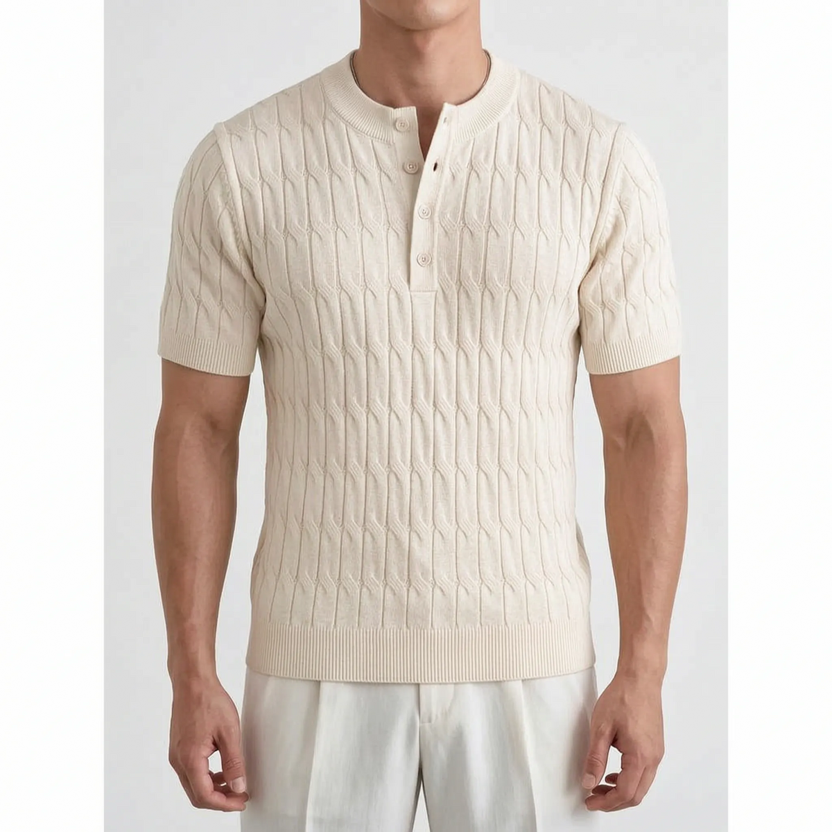 Knitare - Short-Sleeved Textured Henley Shirt
