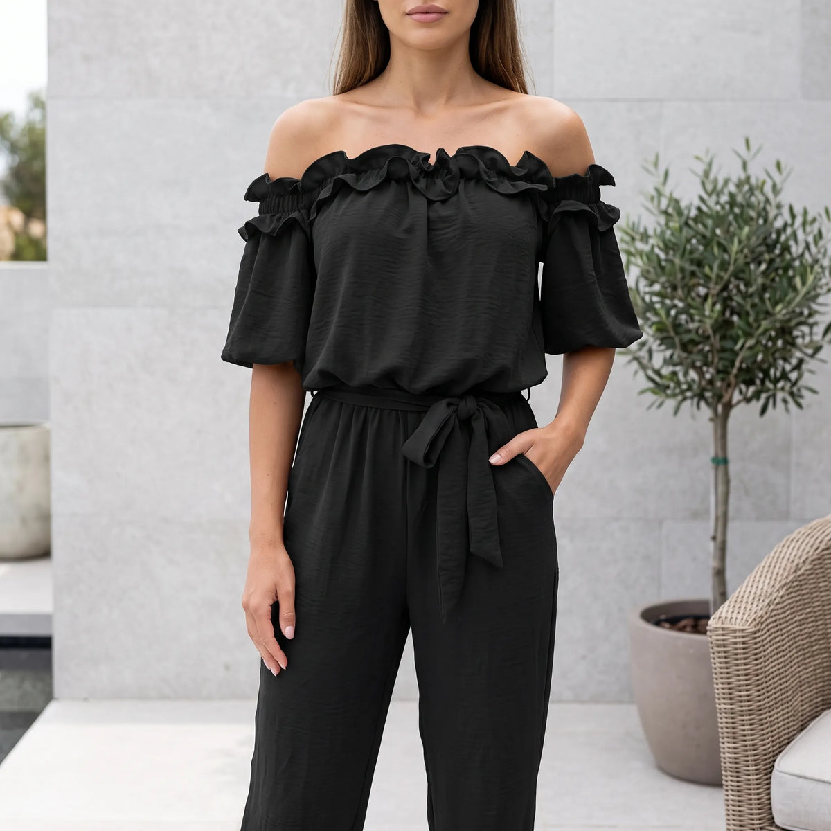 Oceana - Off-Shoulder Ruffle Neckline Jumpsuit