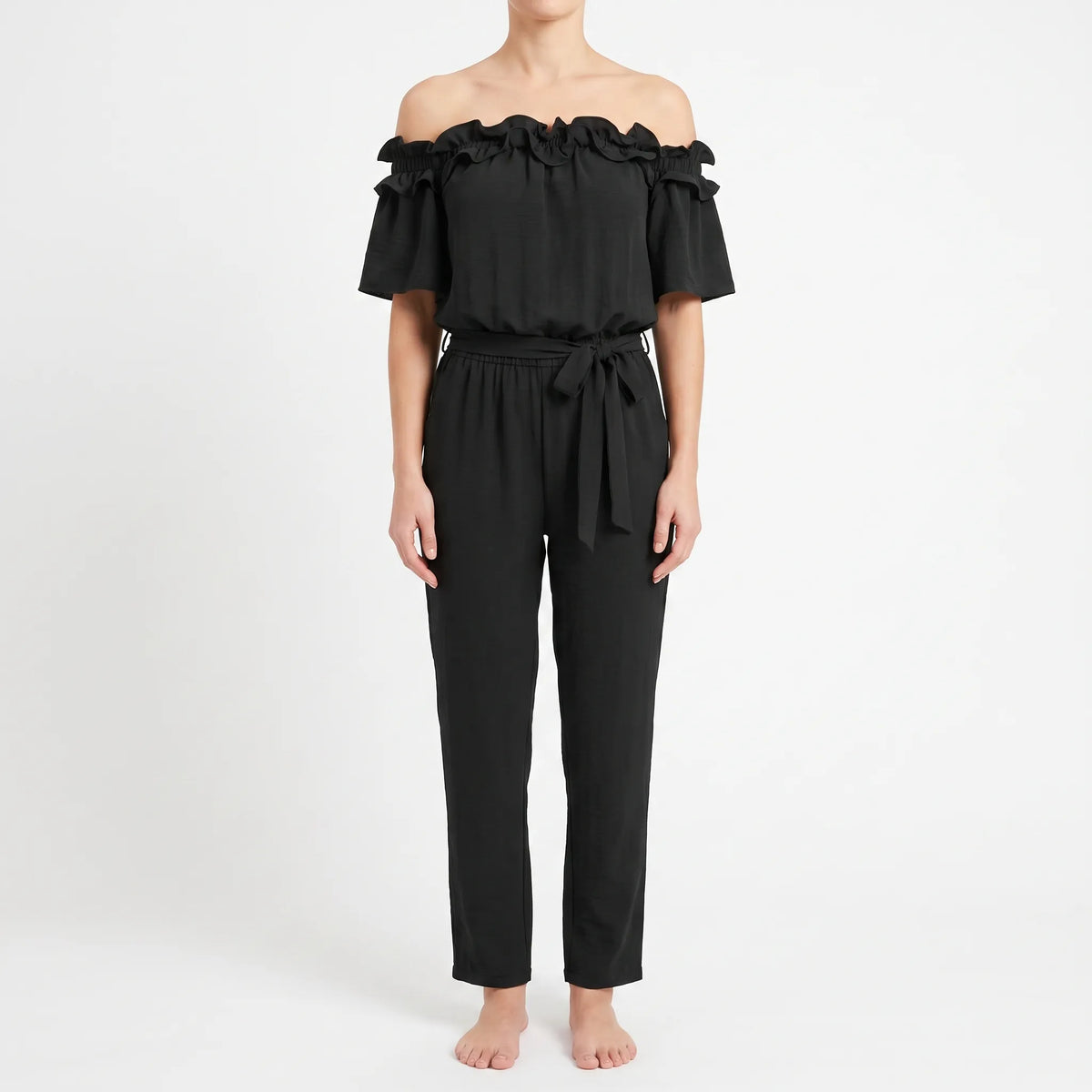 Oceana - Off-Shoulder Ruffle Neckline Jumpsuit