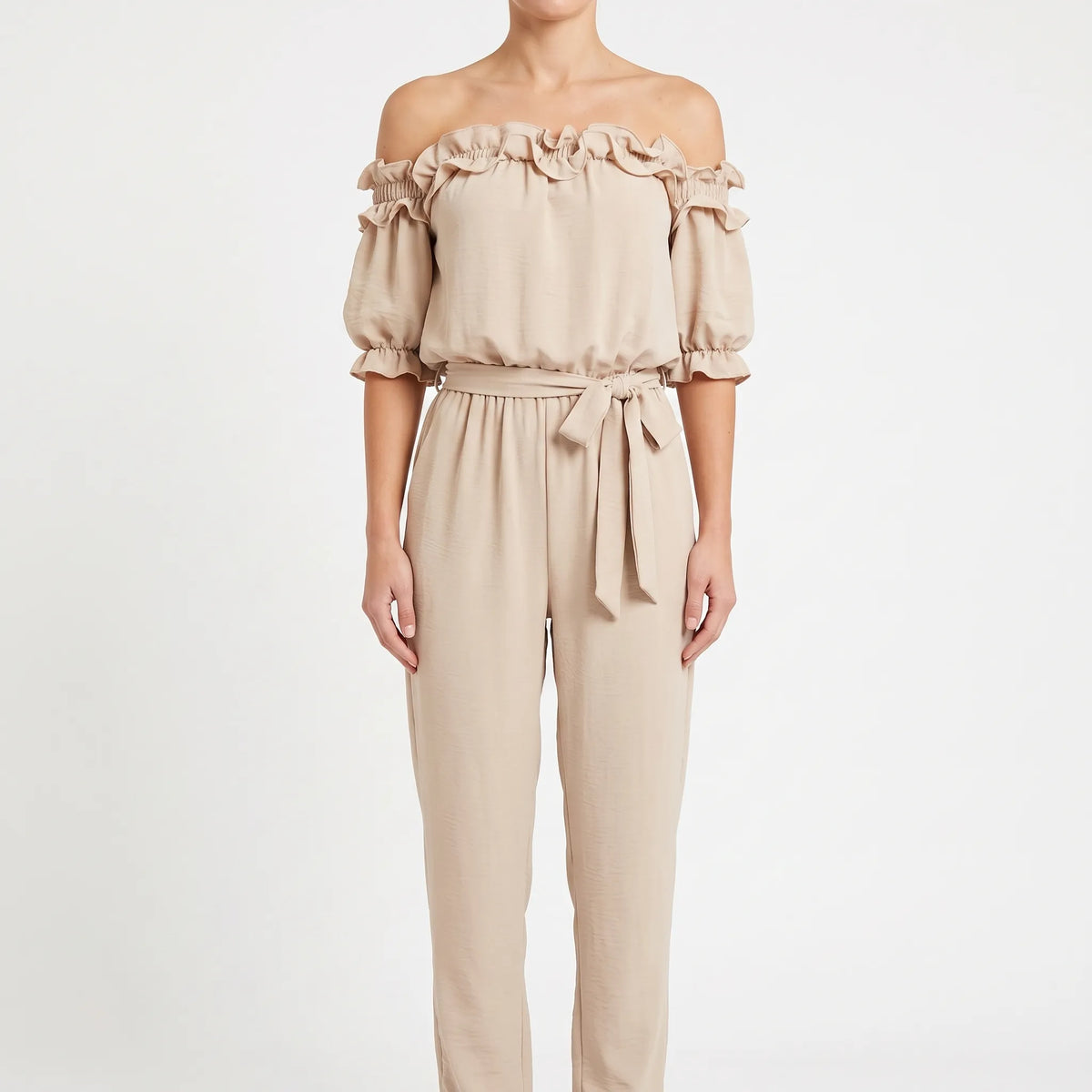 Oceana - Off-Shoulder Ruffle Neckline Jumpsuit