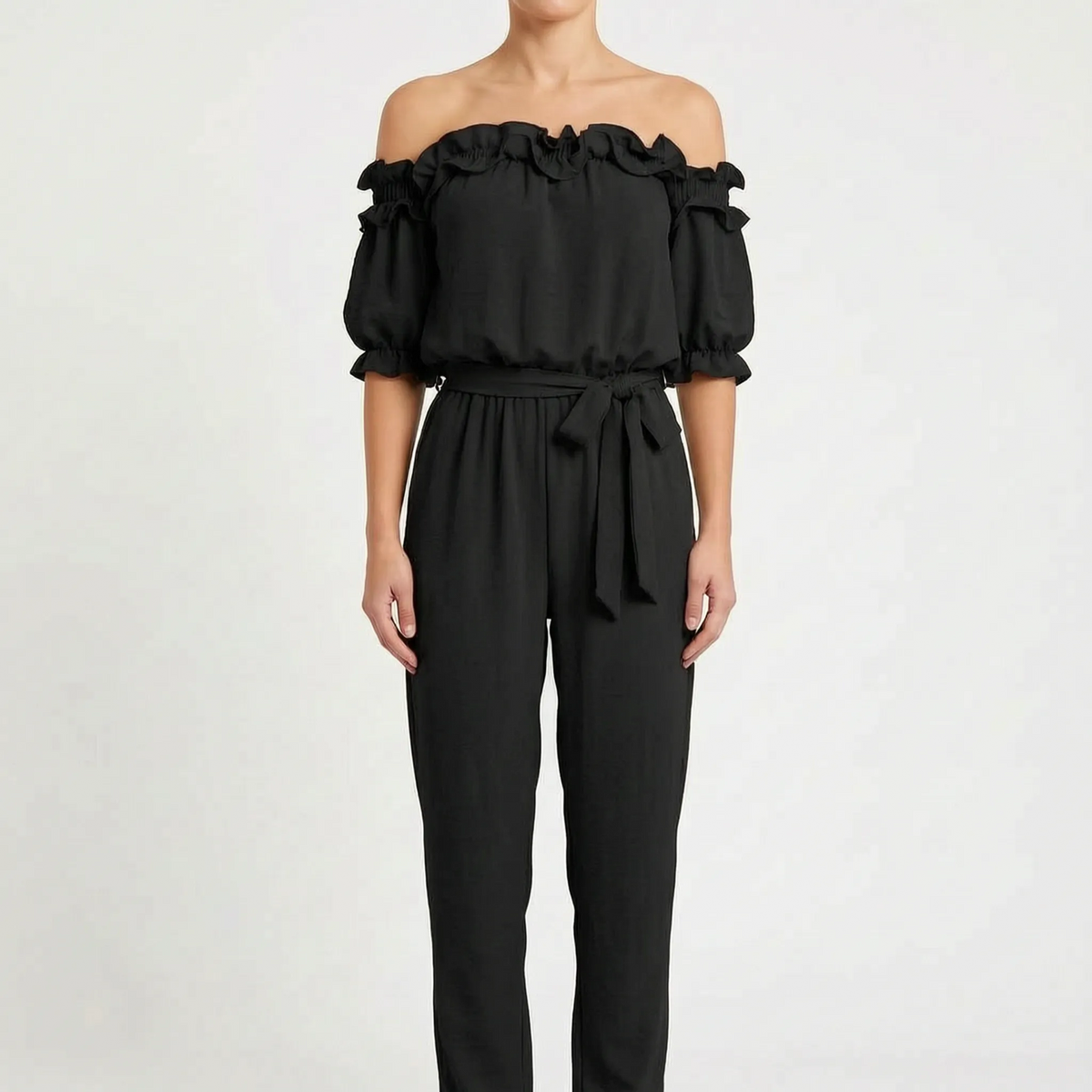 Oceana - Off-Shoulder Ruffle Neckline Jumpsuit
