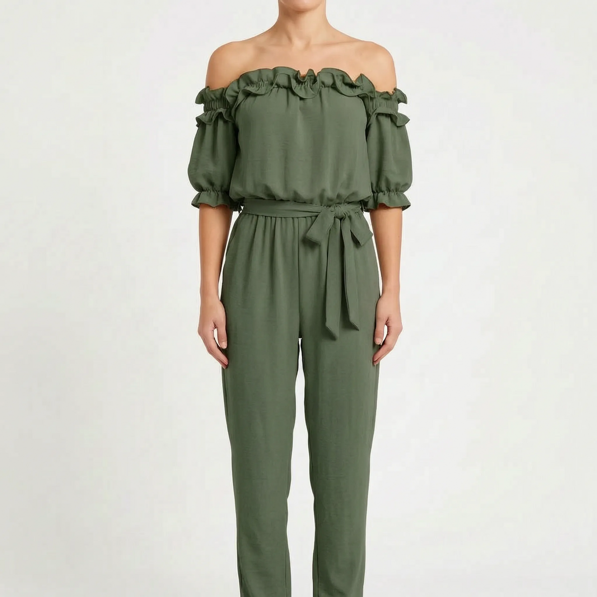 Oceana - Off-Shoulder Ruffle Neckline Jumpsuit