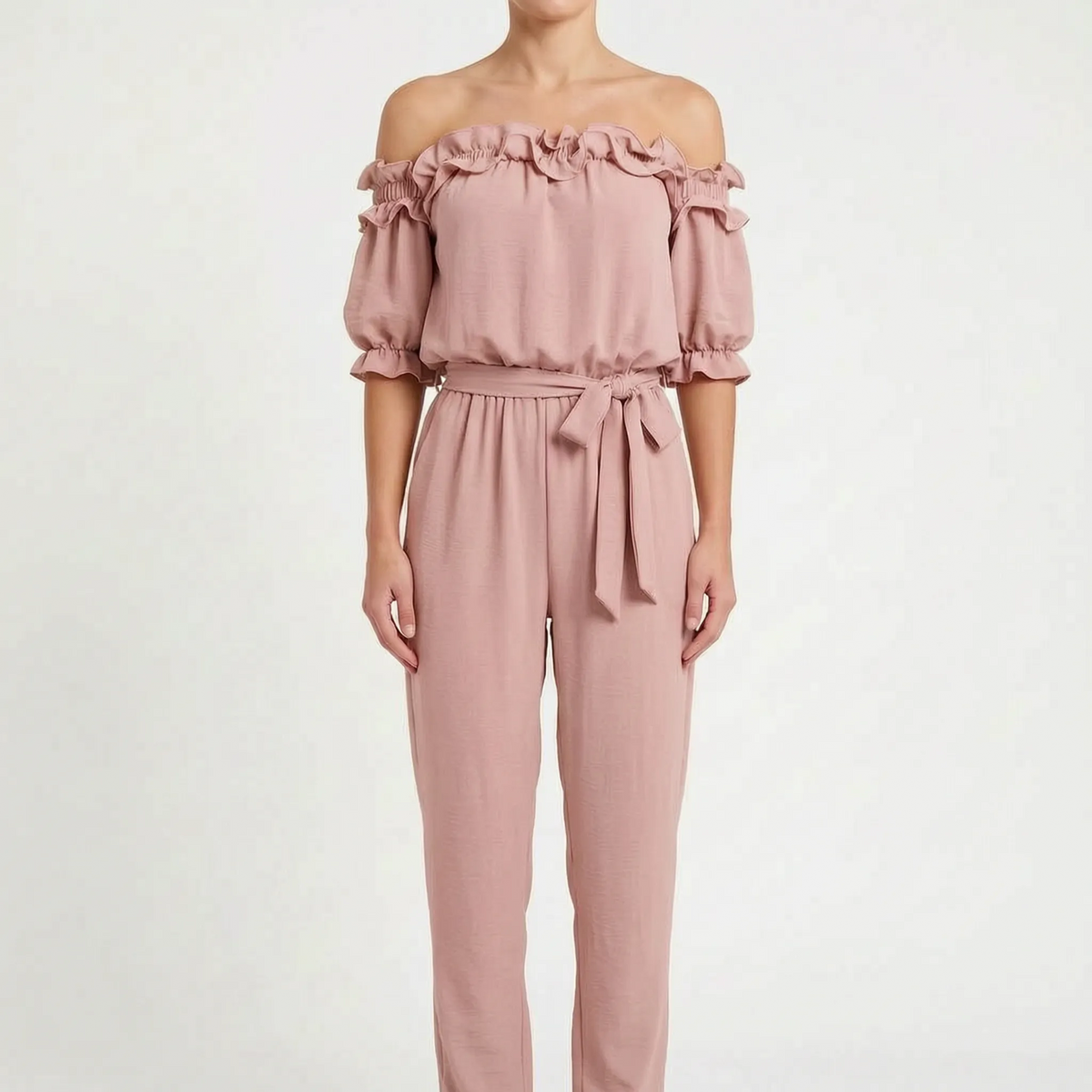 Oceana - Off-Shoulder Ruffle Neckline Jumpsuit