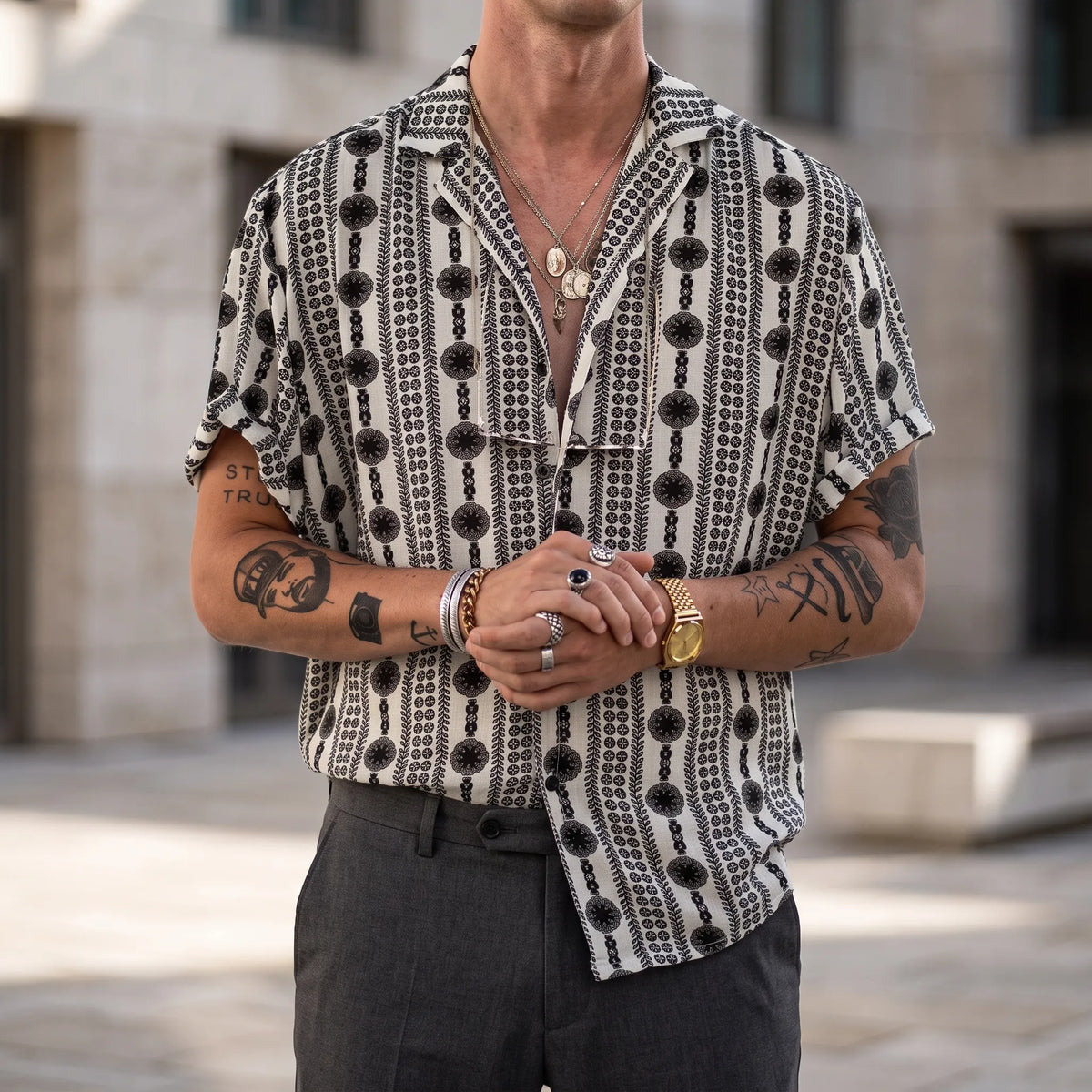 Zelato - Short-Sleeved Geometric Pattern Shirt