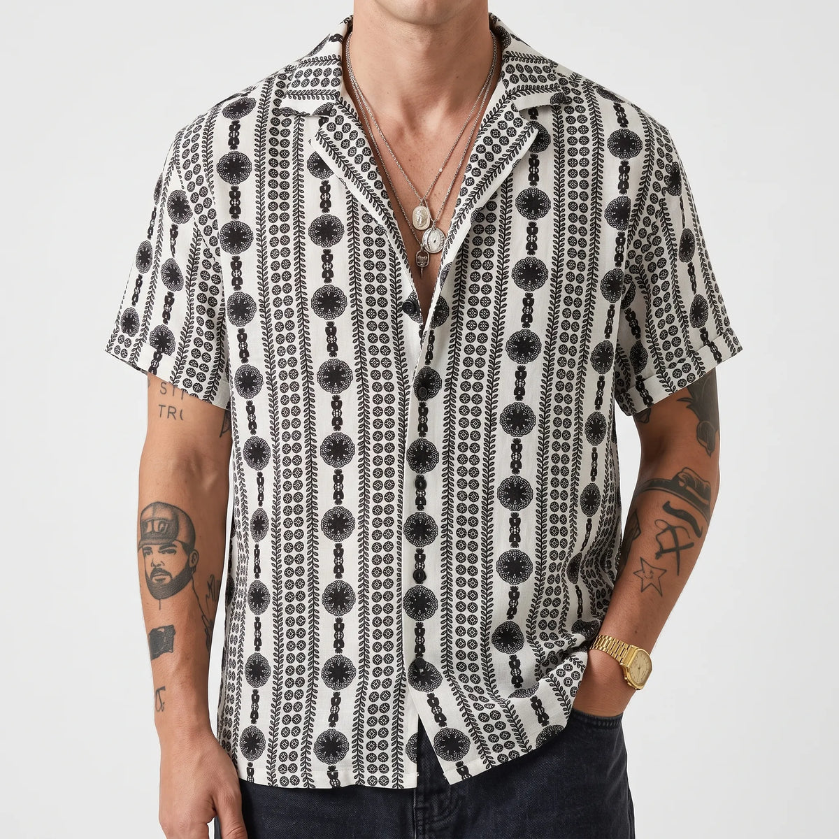 Zelato - Short-Sleeved Geometric Pattern Shirt